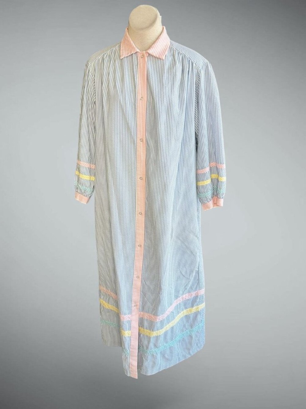 Saybury Vintage 80s Striped Pastel Colorblock Seersucker Robe Size Large